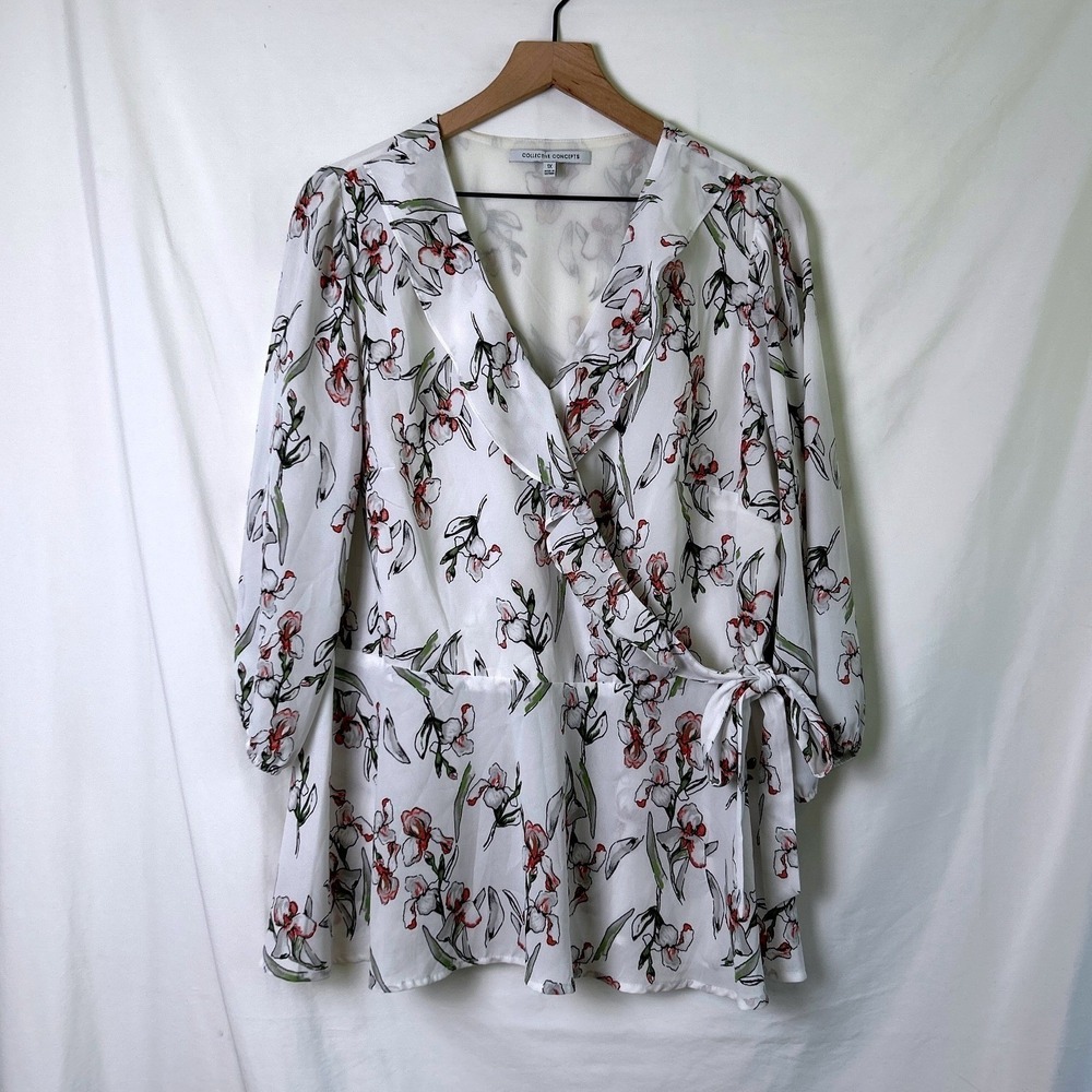 Collective Concepts Wrap Blouse White Size 1X Floral Iris Tie Side Romantic